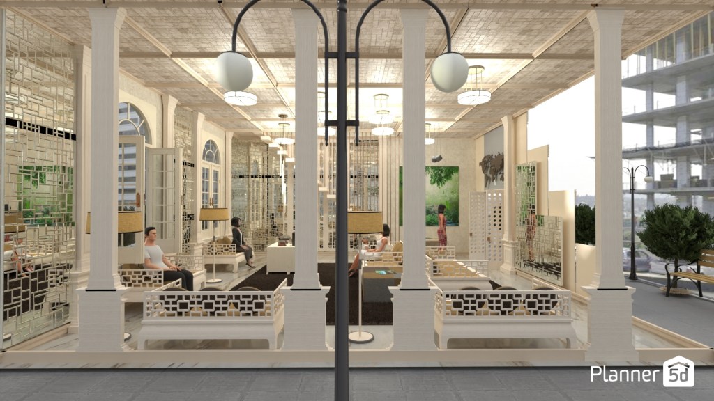Espacio interior de inspiración clásica y neoclásica con columnatas simétricas, techos ornamentales modulares, aperturas arqueadas, composición axial, luminarias suspendidas y distribución arquitectónica orientada a potenciar monumentalidad, continuidad visual y equilibrio formal.