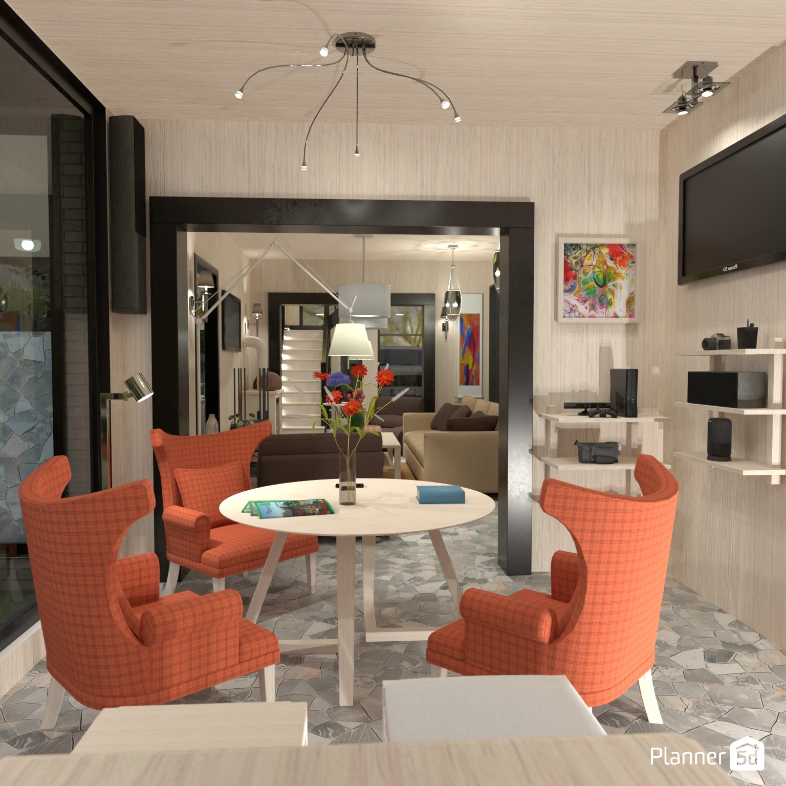 Sala de estar moderna con sillones naranjas, mesa redonda blanca y espacios conectados en estilo contemporáneo cálido