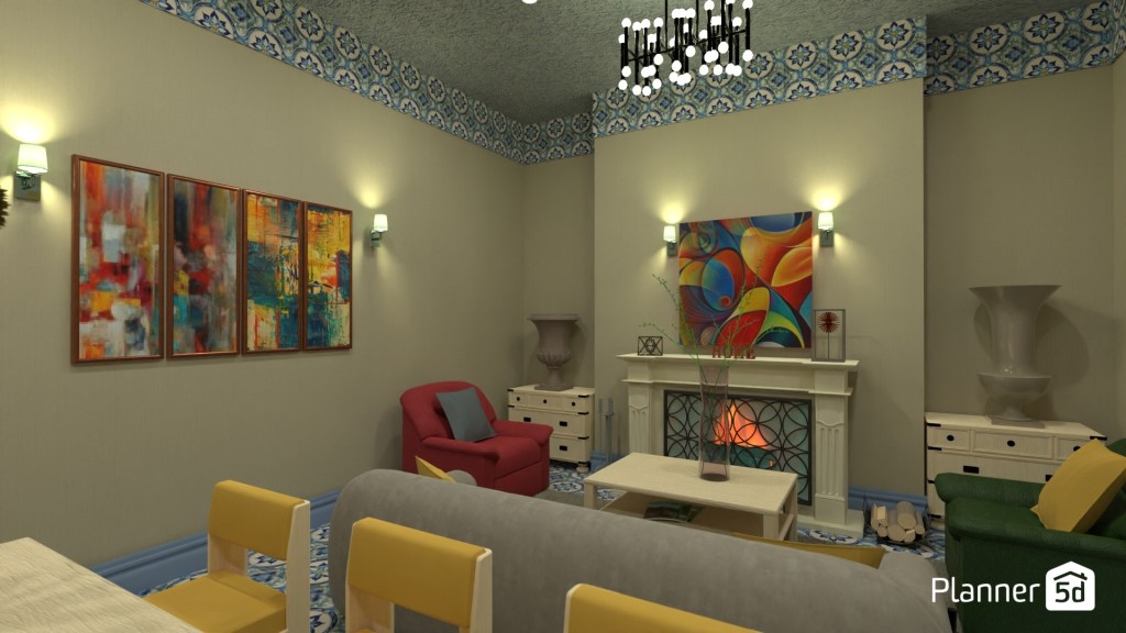 Salón de inspiración ecléctica con elementos clásicos reinterpretados, chimenea decorativa tradicional, arte abstracto contemporáneo, friso cerámico ornamental, mobiliario de líneas simples y composición orientada a equilibrar contraste cromático, referencias decorativas mixtas y continuidad visual doméstica.