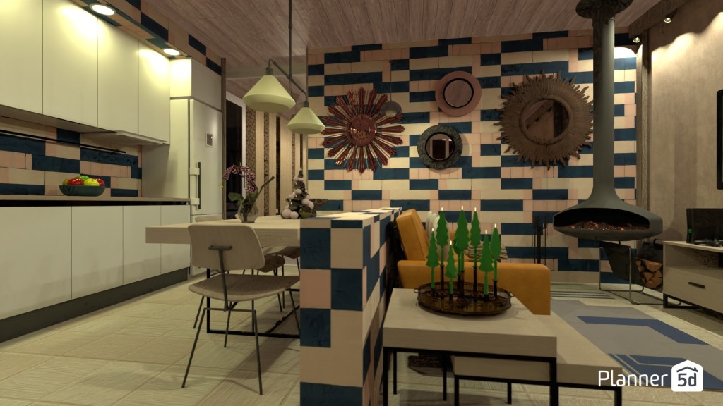 Espacio abierto contemporáneo con integración de cocina y salón, revestimiento mural geométrico en tonos azul y blanco, techo de madera natural, chimenea suspendida de diseño y composición cromática de alto contraste orientada a la creación de identidad visual y dinamismo espacial.