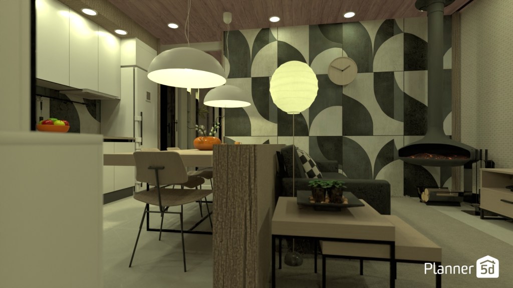 Espacio abierto contemporáneo con integración de cocina y salón, mural geométrico monocromático de gran formato, techo revestido en madera natural, luminarias suspendidas de diseño orgánico y composición cromática basada en contraste neutro y equilibrio volumétrico.