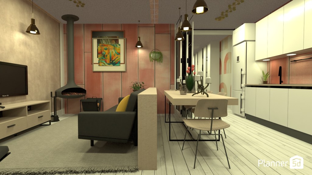 Espacio abierto contemporáneo con integración de salón, comedor y cocina, paleta cromática en tonos tierra y rosados, revestimientos lisos combinados con madera clara, iluminación suspendida puntual y composición orientada a generar calidez visual y continuidad espacial.