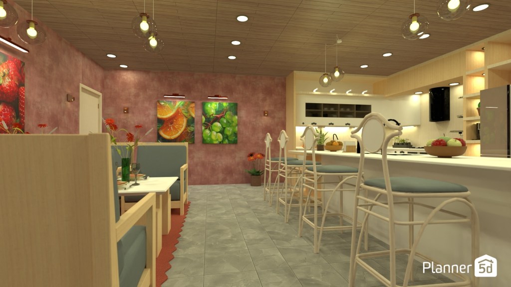 Espacio abierto contemporáneo con integración de cocina y comedor, paleta cromática en tonos rosados y melocotón, mobiliario claro de inspiración orgánica, iluminación decorativa suspendida y composición espacial orientada a generar calidez visual y ambiente social acogedor.