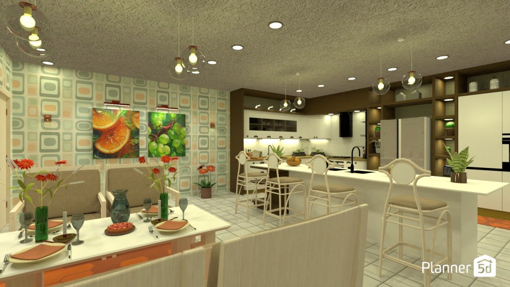 Espacio abierto contemporáneo con integración de comedor y cocina, paleta cromática en tonos cálidos y neutros, revestimientos geométricos retro, iluminación suspendida decorativa y composición orientada a potenciar dinamismo visual, interacción social y continuidad espacial.