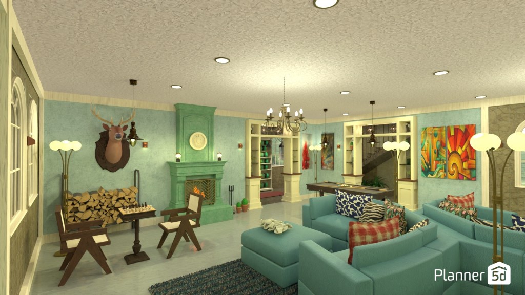 Salón contemporáneo de inspiración mediterránea con distribución abierta y zonificación visual mediante mobiliario. Sofás modulares en tono aguamarina, chimenea revestida en verde suave, iluminación cálida en capas, librerías integradas y materiales naturales que refuerzan la sensación de confort doméstico y amplitud visual