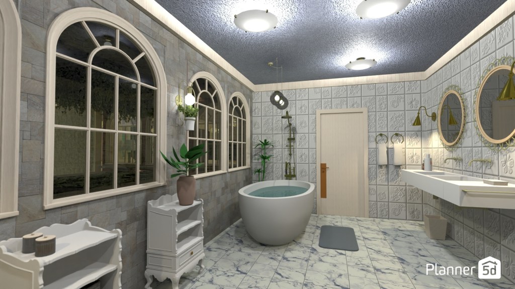 Baño contemporáneo de inspiración clásica con bañera exenta central, ventanas arqueadas de gran formato y revestimientos cerámicos texturizados. Iluminación perimetral indirecta y luminarias de techo distribuidas para mejorar uniformidad lumínica y confort visual. Combinación de tonos piedra, mármol y detalles metálicos cálidos que refuerzan amplitud, luminosidad y sensación de spa doméstico.