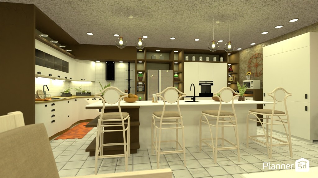 Cocina contemporánea de gran formato con isla central multifuncional, mobiliario en tonos claros y estructura envolvente en madera oscura. Distribución en U optimizada para triangulación de trabajo entre cocción, lavado y almacenamiento. Iluminación empotrada y colgante combinada para mejorar visibilidad funcional y confort ambiental en un espacio abierto orientado a convivencia y uso diario.