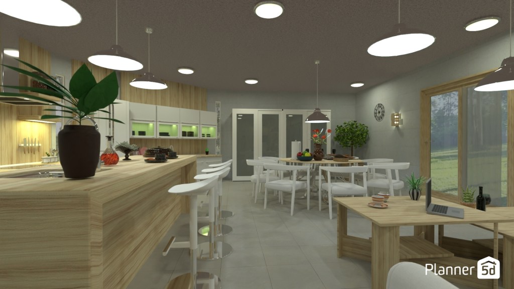 Cocina-comedor contemporánea de concepto abierto con isla central revestida en madera natural, taburetes altos y mobiliario de líneas limpias. Iluminación general empotrada combinada con lámparas colgantes para reforzar zonificación y confort visual. Distribución fluida entre cocina, comedor y zona exterior acristalada, con predominio de tonos neutros y materiales cálidos que favorecen amplitud y funcionalidad doméstica.