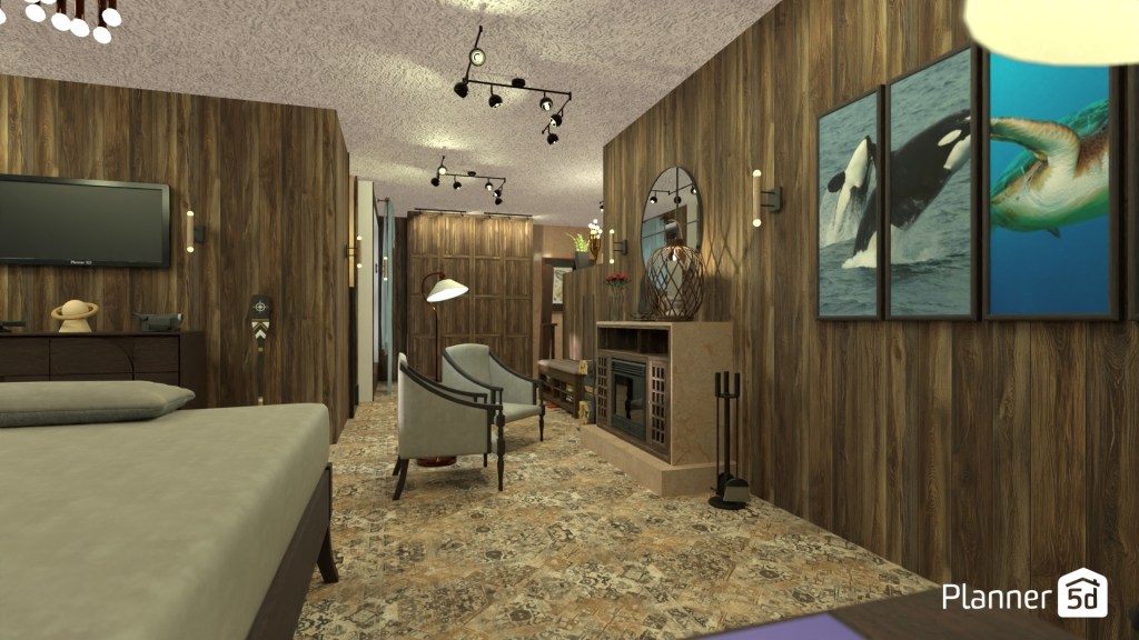 Dormitorio contemporáneo de estilo cálido con revestimientos murales en madera oscura, iluminación técnica orientable y zona de descanso integrada junto a chimenea decorativa. Distribución longitudinal con áreas diferenciadas para dormir y lectura, uso de textiles neutros y materiales naturales que favorecen confort acústico, sensación envolvente y continuidad visual en el espacio.