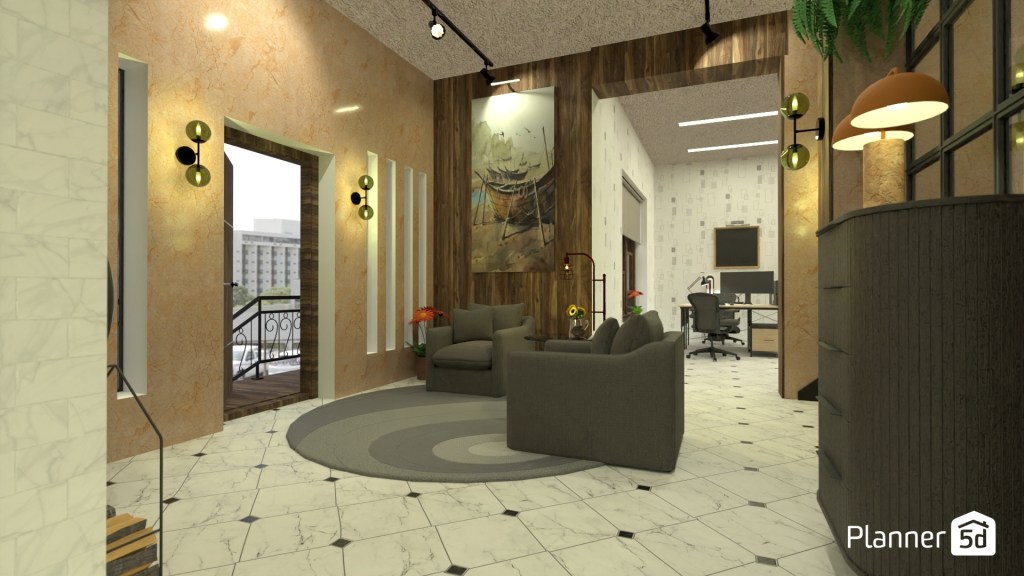 Recibidor contemporáneo de estilo cálido con pavimento porcelánico efecto mármol, panelados verticales de madera natural y zona de espera circular con butacas tapizadas. Iluminación técnica y decorativa combinada para reforzar profundidad, circulación fluida y confort visual en un espacio abierto conectado con despacho y terraza exterior.