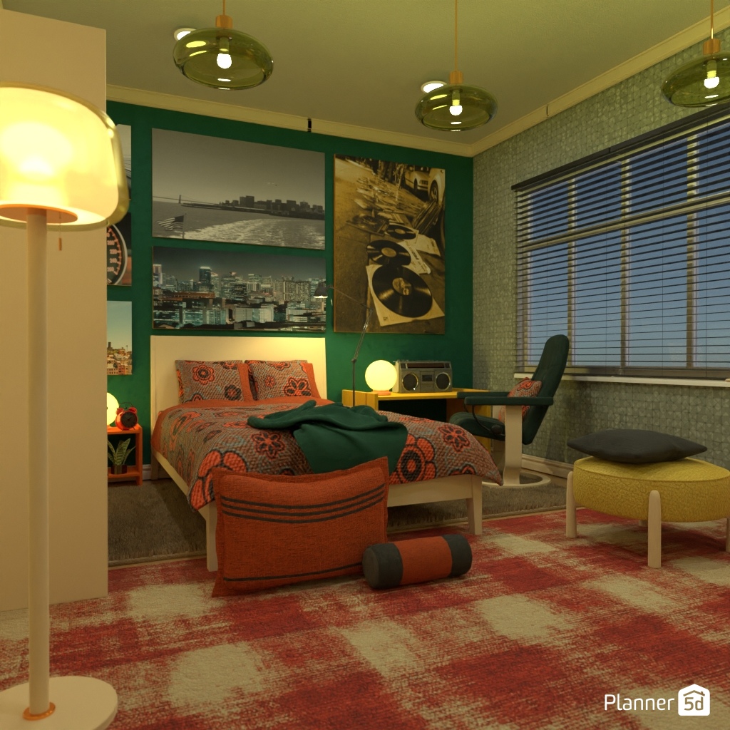 Dormitorio contemporáneo con iluminación ambiental cálida mediante luminarias suspendidas y puntos de luz decorativos, paleta cromática de alto contraste en tonos verdes y rojizos, revestimientos murales texturizados y composición lumínica orientada a potenciar profundidad visual, confort nocturno y ambientación envolvente.