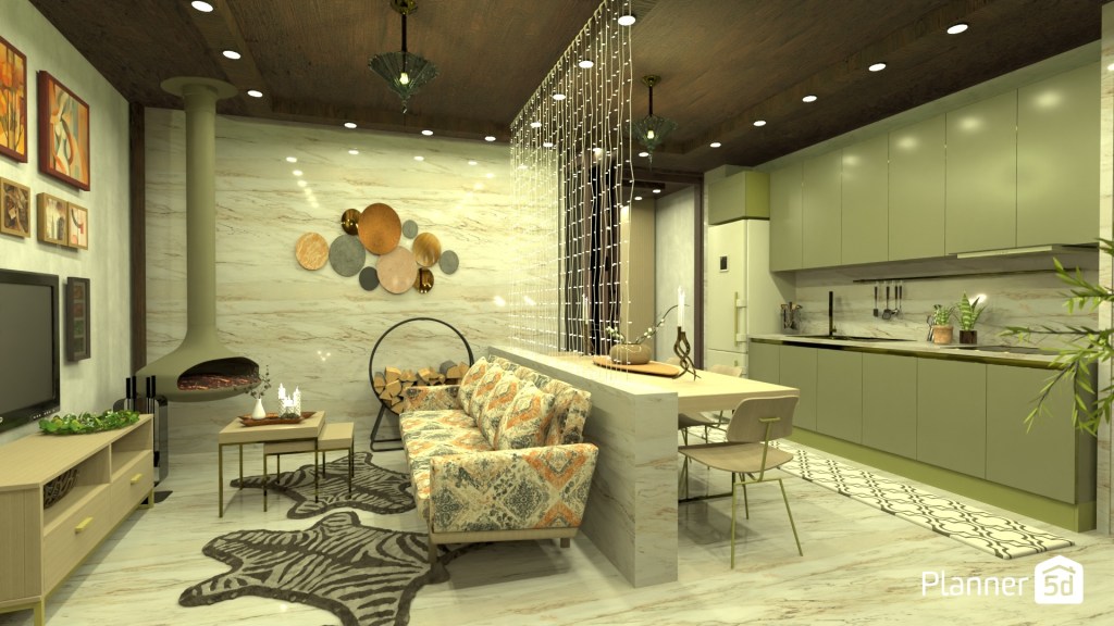 Espacio abierto contemporáneo con integración de salón, comedor y cocina, iluminación ambiental cálida mediante luminarias empotradas y elementos suspendidos decorativos, techo revestido en madera oscura, superficies claras de alta reflexión lumínica y zonificación espacial mediante composición lumínica y materiales continuos.