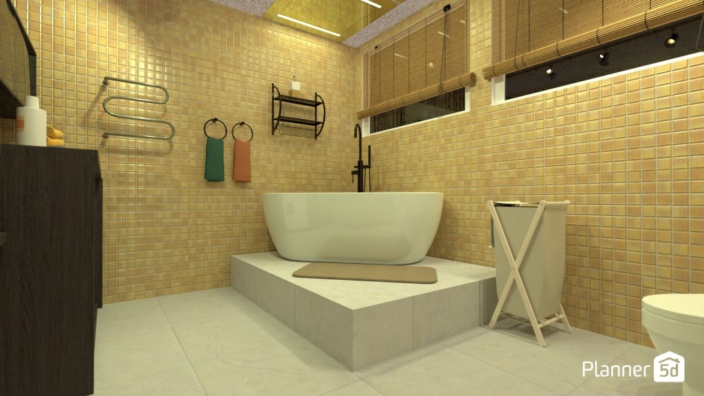 Baño contemporáneo con revestimiento mural de mosaico cerámico en tonos arena, bañera exenta elevada sobre plataforma, pavimento porcelánico claro de gran formato, iluminación cálida integrada y composición material orientada a generar sensación de continuidad, textura y confort visual.