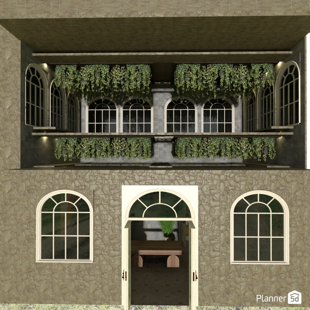 Fachada contemporánea de inspiración clásica con revestimiento pétreo texturizado, balcones con carpinterías arqueadas, integración de vegetación colgante, composición simétrica y uso de materiales oscuros orientados a potenciar profundidad arquitectónica, contraste visual y presencia monumental.