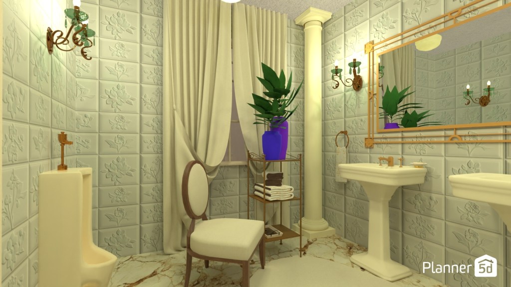 Baño de inspiración clásica con revestimiento cerámico mural en relieve floral, pavimento efecto mármol, sanitarios de pedestal, elementos decorativos dorados y composición orientada a potenciar ornamentación, textura visual y ambientación elegante tradicional.