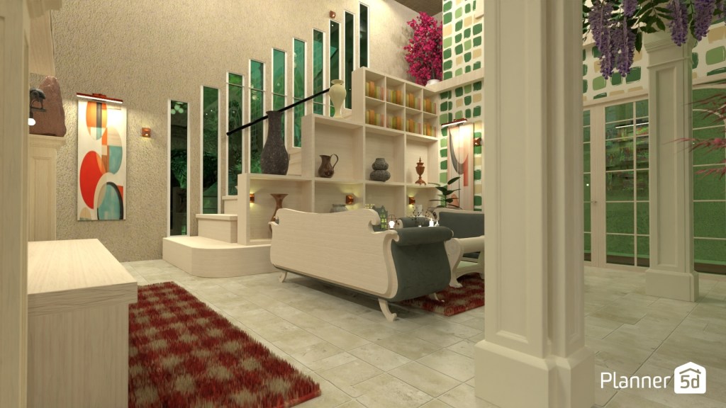 Espacio interior contemporáneo con acabados claros, pavimento cerámico de gran formato, revestimientos lisos combinados con elementos geométricos verticales, mobiliario de líneas orgánicas y composición orientada a potenciar luminosidad, continuidad visual y amplitud espacial.