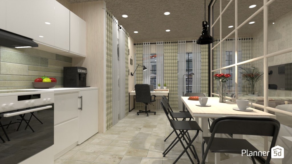Espacio abierto contemporáneo de aproximadamente 33 m² con integración de cocina, comedor y zona de trabajo doméstico, distribución lineal, mobiliario ligero, cerramiento acristalado interior y soluciones de aprovechamiento espacial orientadas a viviendas compactas.