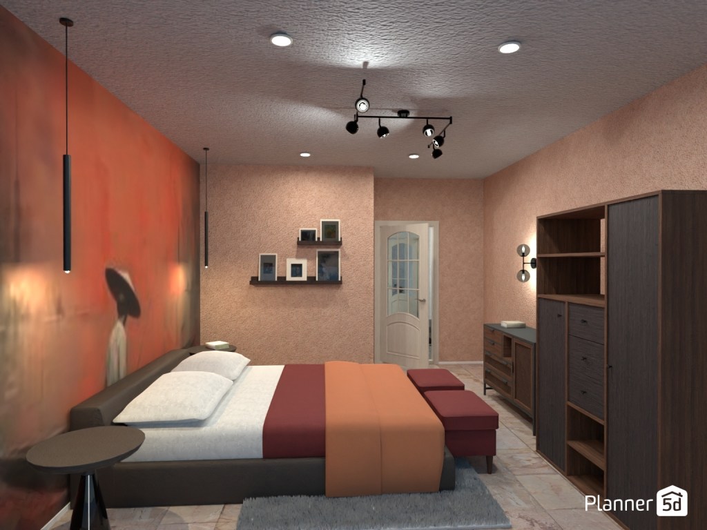 Dormitorio contemporáneo en tonos cálidos con mural decorativo, iluminación negra de techo y mobiliario oscuro de líneas sencillas.