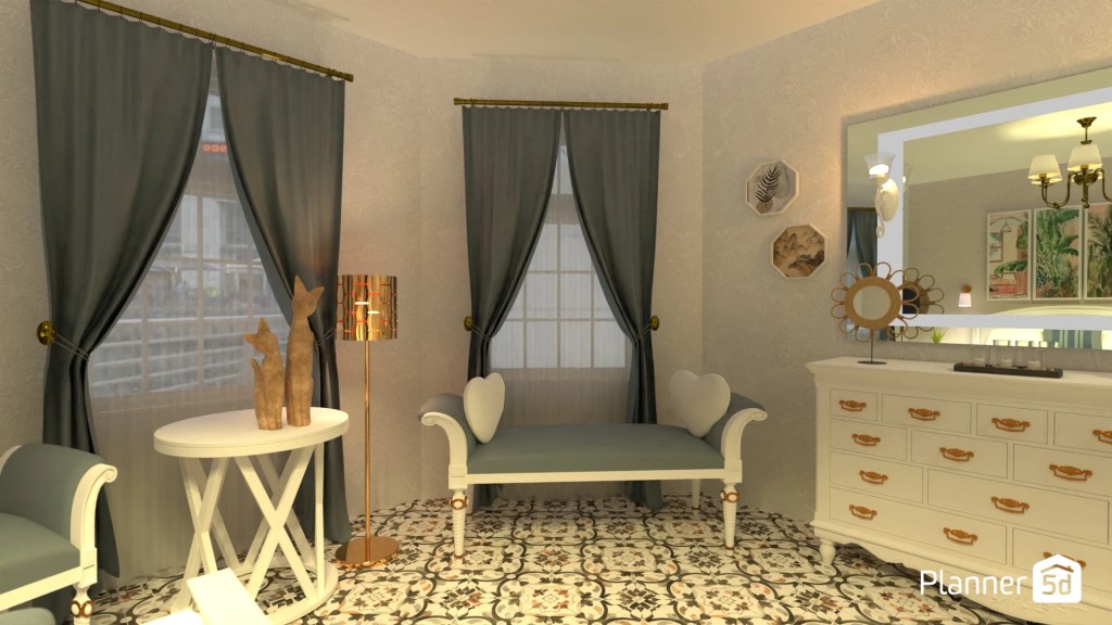 Salón de inspiración clásica contemporánea con influencias románticas y mediterráneas, pavimento hidráulico decorativo, mobiliario de líneas tradicionales reinterpretadas, textiles en tonos neutros, iluminación ambiental cálida y composición orientada a equilibrar elegancia clásica y confort doméstico contemporáneo.