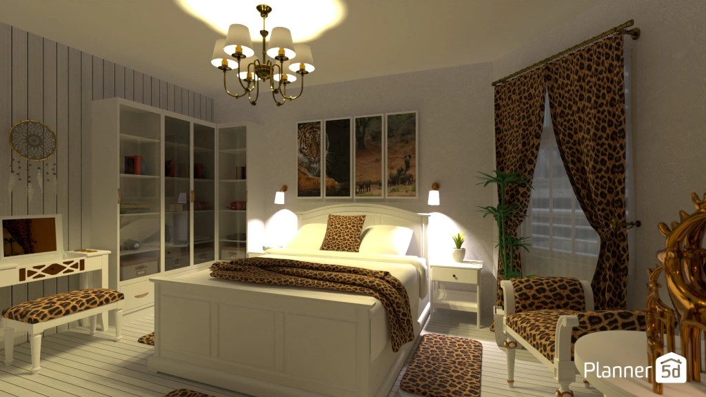 Dormitorio de estilo clásico contemporáneo con influencias maximalistas y exóticas, mobiliario tradicional en acabado blanco, textiles y cortinas animal print, iluminación ambiental cálida mediante luminarias clásicas y composición orientada a equilibrar contraste decorativo, simetría y expresividad visual.