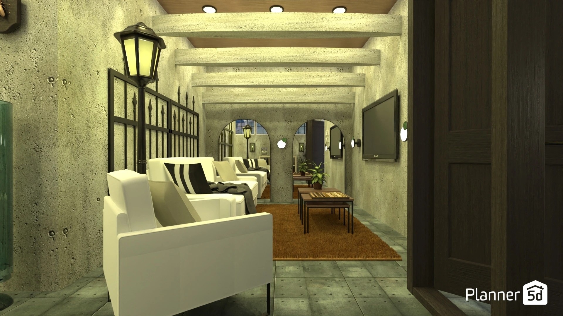 Interior mediterráneo contemporáneo con arcos de piedra, sillones claros, iluminación cálida y materiales naturales en tonos arena