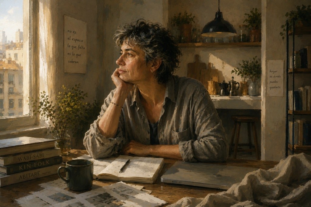 “Interior cálido y reflexivo de una microvivienda mediterránea con mujer madura junto a una ventana, representando la relación entre habitabilidad, bienestar y hogar vivido.”