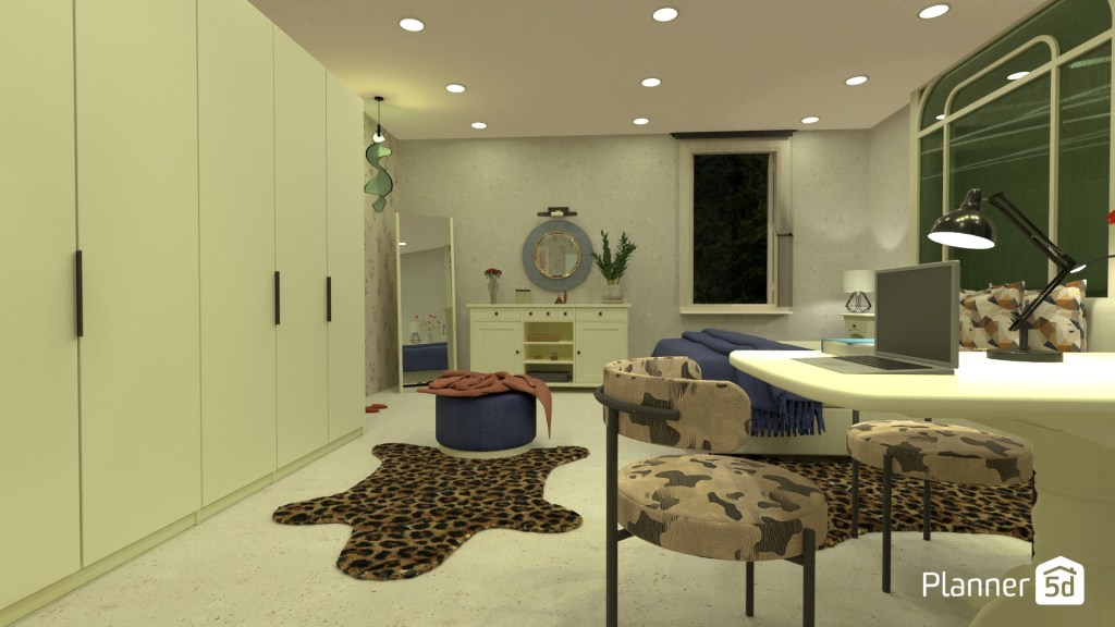 Dormitorio contemporáneo de inspiración ecléctica con influencias glam y orgánicas, textiles y tapicerías estampadas, alfombra animal print, mobiliario funcional de líneas simples, iluminación empotrada uniforme y composición orientada a equilibrar contraste decorativo, confort visual y personalidad doméstica.