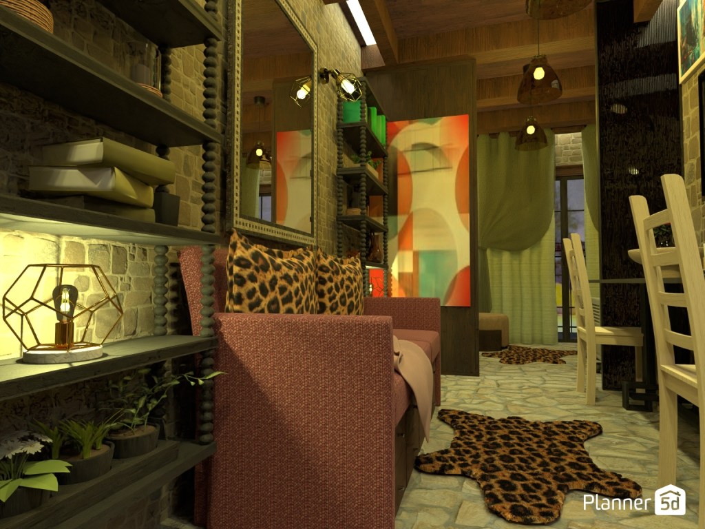 Espacio interior de inspiración ecléctica con influencias industriales, retro y glam, revestimientos pétreos texturizados, luminarias decorativas metálicas, arte geométrico contemporáneo, textiles animal print y composición orientada a potenciar superposición de materiales, contraste visual y personalidad atmosférica.