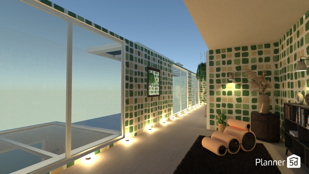 Espacio de inspiración ecléctica con influencias mediterráneas y artesanales, revestimiento mural geométrico en tonos verdes y arena, iluminación lineal integrada a nivel de suelo, vegetación decorativa, fibras naturales y composición orientada a potenciar ritmo visual, continuidad espacial y riqueza textural mediante la combinación de referencias contemporáneas y tradicionales.