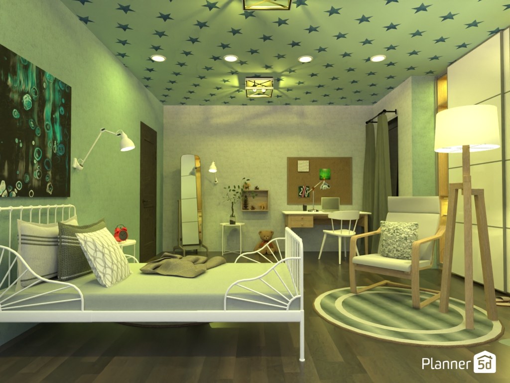 Dormitorio contemporáneo de inspiración ecléctica con influencias escandinavas y retro, techo decorativo estampado, mobiliario ligero de líneas simples, zona de trabajo integrada, iluminación ambiental cálida y composición orientada a potenciar creatividad visual, funcionalidad y personalidad doméstica juvenil.