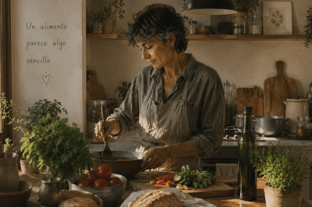 Ilustración editorial de Alex cocinando en una cocina mediterránea cálida para la entrada “Comer también es vivir”./