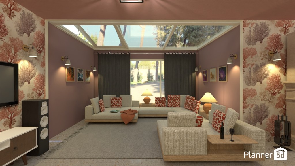 Salón contemporáneo con influencias mediterráneas y minimalismo cálido, cubierta acristalada cenital, mobiliario de líneas suaves, textiles en tonos arena y terracota, iluminación ambiental cálida y composición orientada a potenciar luminosidad natural, confort visual y continuidad espacial interior-exterior.