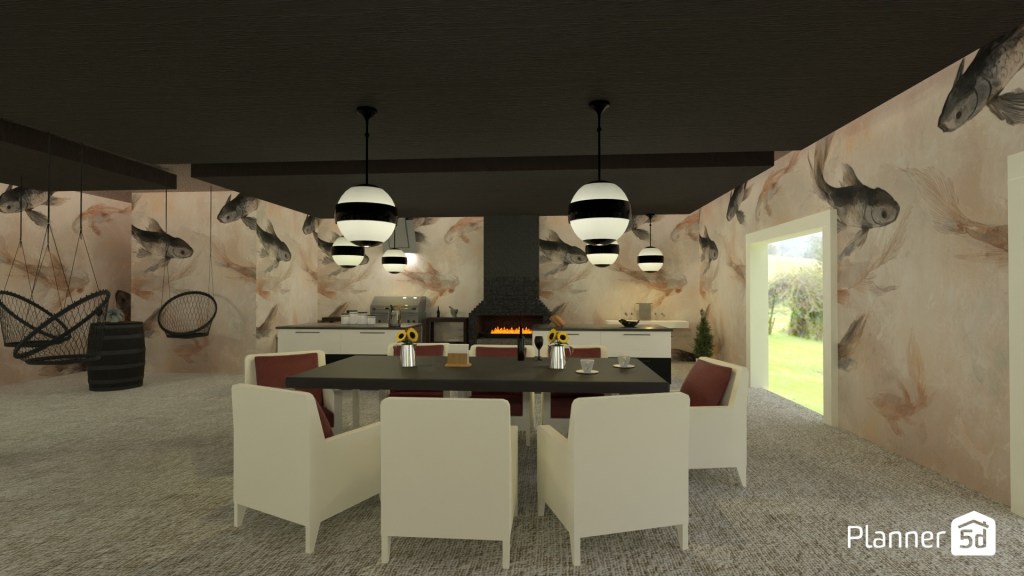 Comedor contemporáneo con influencias art déco y minimalistas, luminarias suspendidas esféricas de gran formato, mural decorativo abstracto, composición simétrica, mobiliario de líneas depuradas y paleta neutra orientada a equilibrar sofisticación visual y continuidad espacial.