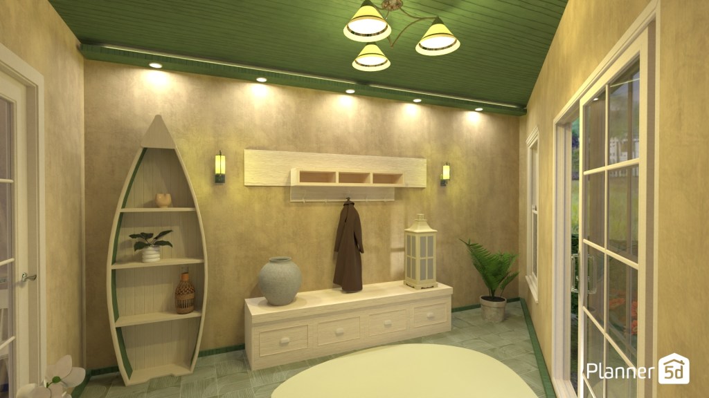 Recibidor de inspiración mediterránea contemporánea con influencias escandinavas, revestimientos en tonos arena y verde apagado, mobiliario de madera clara, iluminación mural cálida y composición orientada a potenciar naturalidad, funcionalidad y sensación de calma visual.