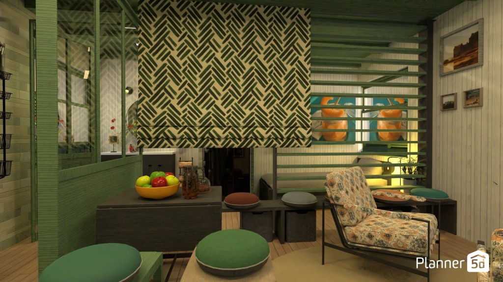 Espacio contemporáneo de inspiración ecléctica con influencias retro y biofílicas, estampados geométricos de alto contraste, paleta cromática en tonos verdes y neutros, iluminación ambiental cálida y composición orientada a potenciar textura visual, intimidad y personalidad decorativa urbana.