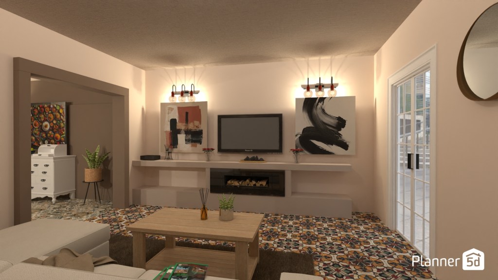 Salón contemporáneo con influencias mediterráneas y artesanales, pavimento hidráulico decorativo de alto contraste, mobiliario de madera clara, iluminación mural cálida y composición minimalista orientada a equilibrar textura visual, tradición decorativa y simplicidad contemporánea.
